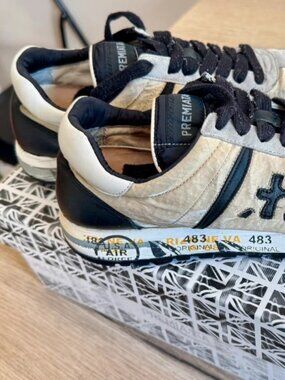 Beige and Black Leather & Cotton Low Top Sneakers Women's EU 39 / US 8